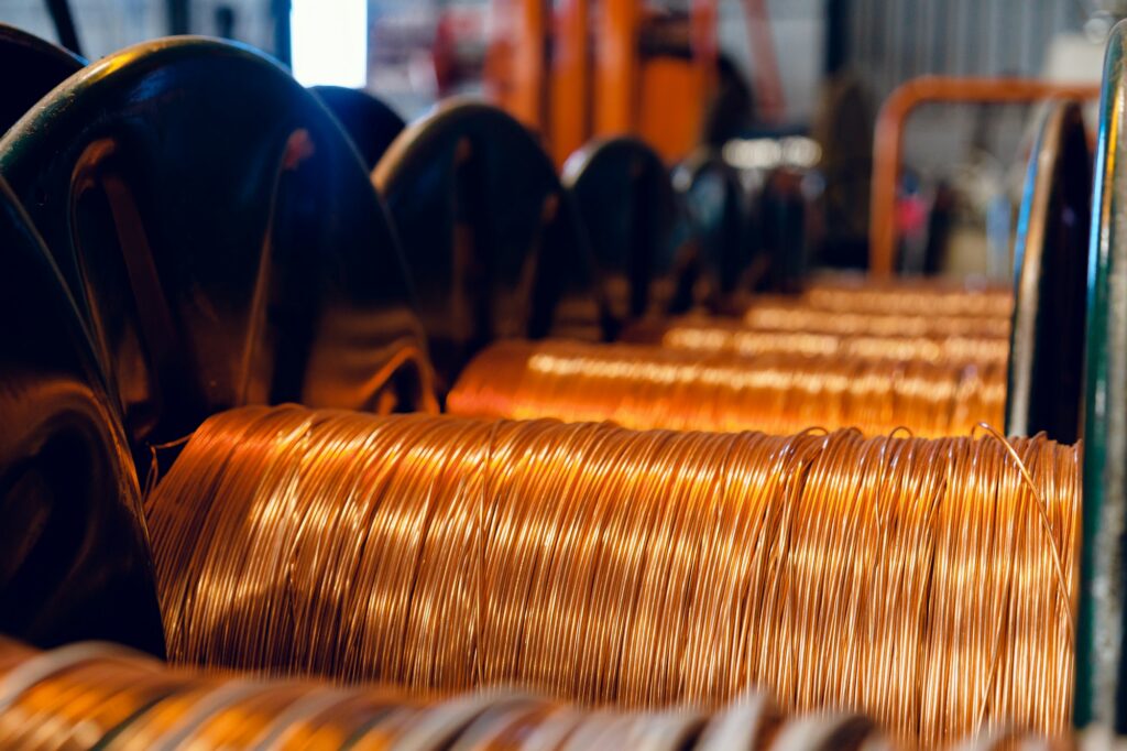 Production of copper wire, cable in reels at factory. Cable factory