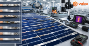 PV interconnect ribbon failure causes showing cracked ribbon and solder joint defects in a solar module