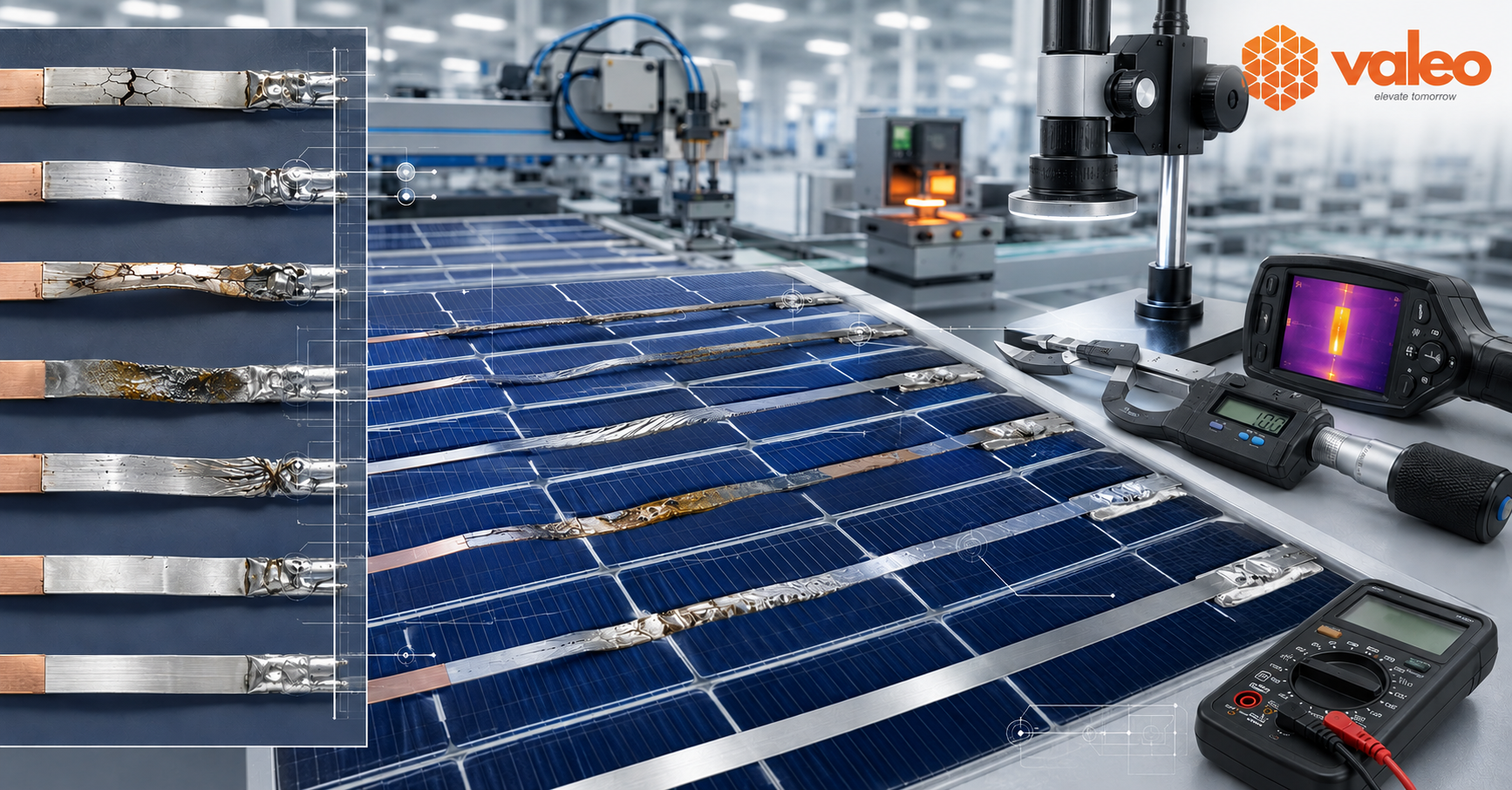 PV interconnect ribbon failure causes showing cracked ribbon and solder joint defects in a solar module
