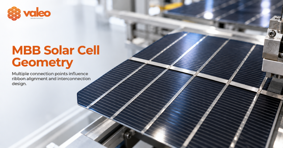 MBB solar cells showing multiple connection points and interconnect ribbon alignment