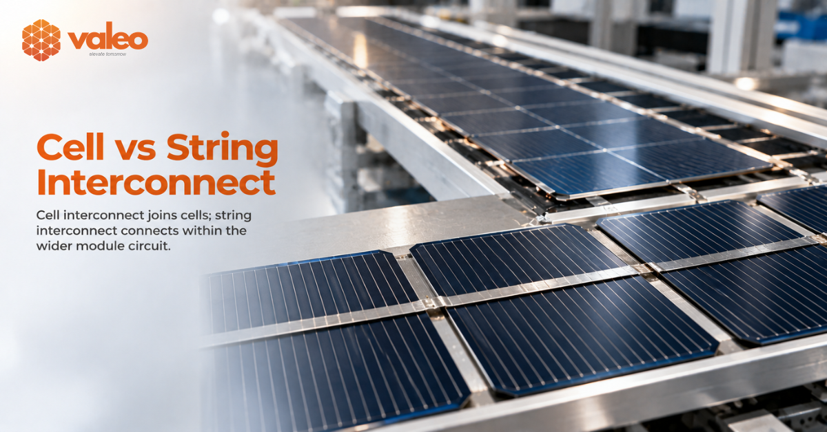 String Interconnect vs Cell Interconnect showing cell-to-cell and string-level solar connections